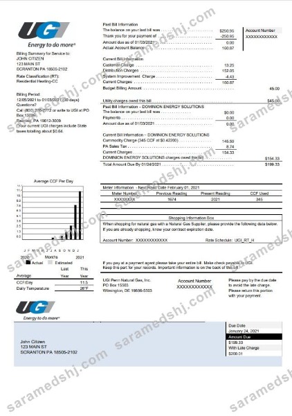 USA Pennsylvania UGI Utilities utility bill template in Word and PDF format
